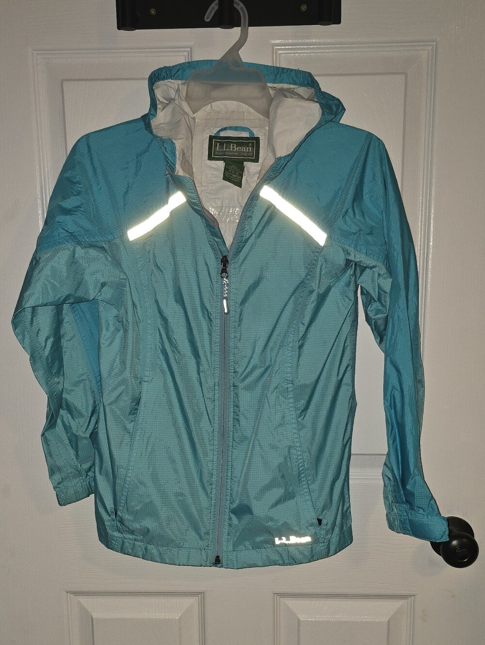 L.L. Bean Girls Teal Hooded Raincoat with Reflective Accents